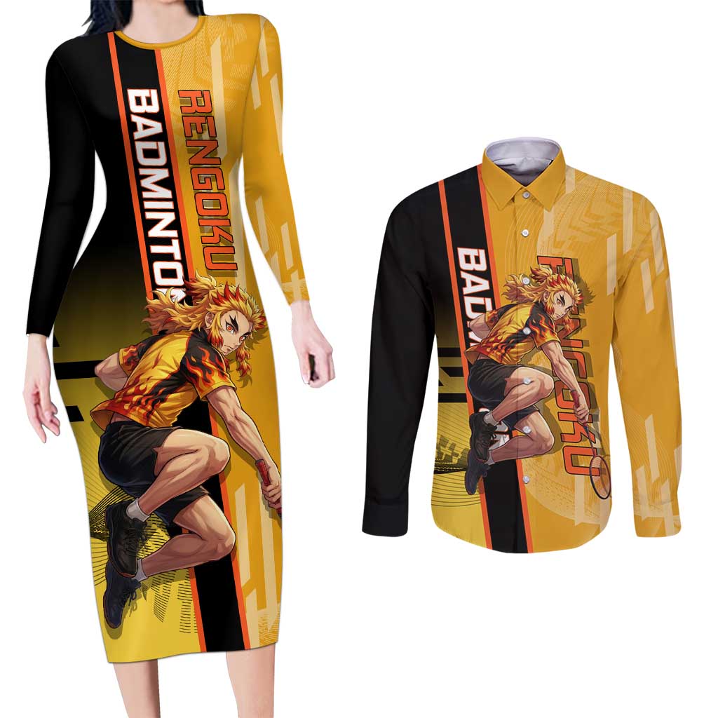 Personalized Rengoku Anime Badminton Theme Couples Matching Long Sleeve Bodycon Dress and Long Sleeve Button Shirt with Racket Action Pose and Fiery Yellow Black Graphic Design - The Mazicc