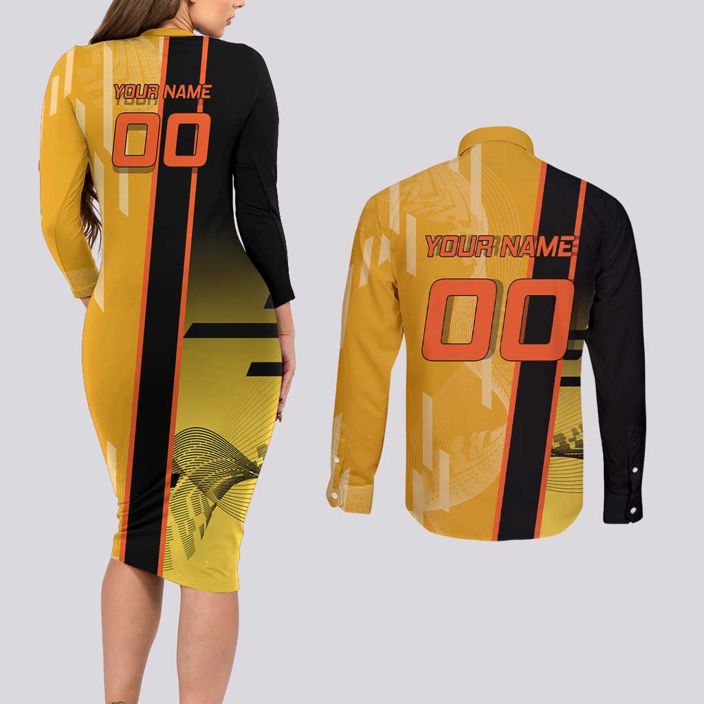 Personalized Rengoku Anime Badminton Theme Couples Matching Long Sleeve Bodycon Dress and Long Sleeve Button Shirt with Racket Action Pose and Fiery Yellow Black Graphic Design - The Mazicc