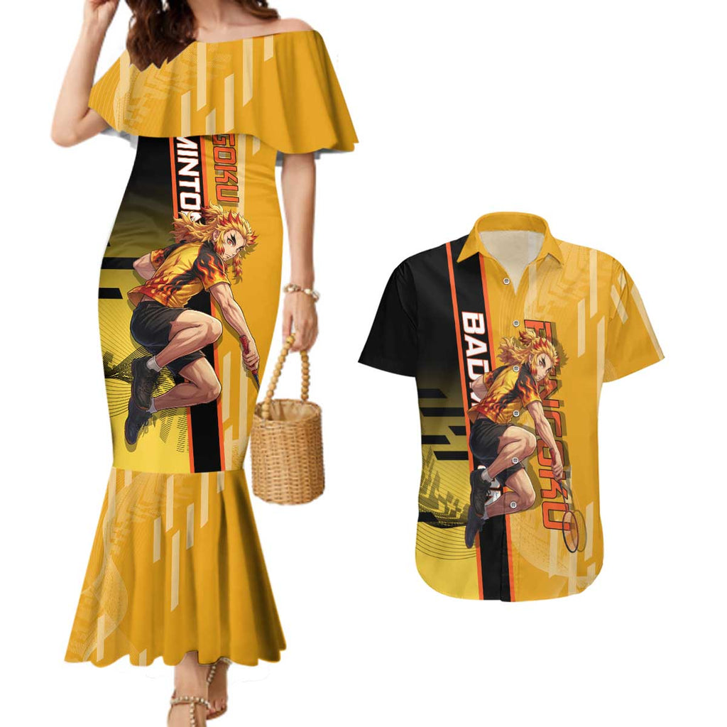 Personalized Rengoku Anime Badminton Theme Couples Matching Mermaid Dress and Hawaiian Shirt with Racket Action Pose and Fiery Yellow Black Graphic Design - The Mazicc