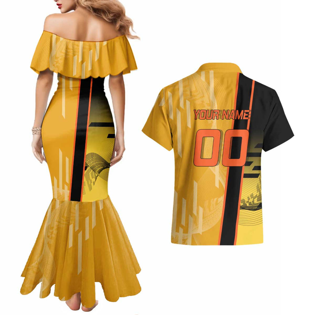 Personalized Rengoku Anime Badminton Theme Couples Matching Mermaid Dress and Hawaiian Shirt with Racket Action Pose and Fiery Yellow Black Graphic Design - The Mazicc