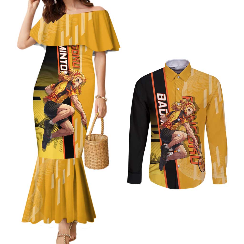 Personalized Rengoku Anime Badminton Theme Couples Matching Mermaid Dress and Long Sleeve Button Shirt with Racket Action Pose and Fiery Yellow Black Graphic Design - The Mazicc
