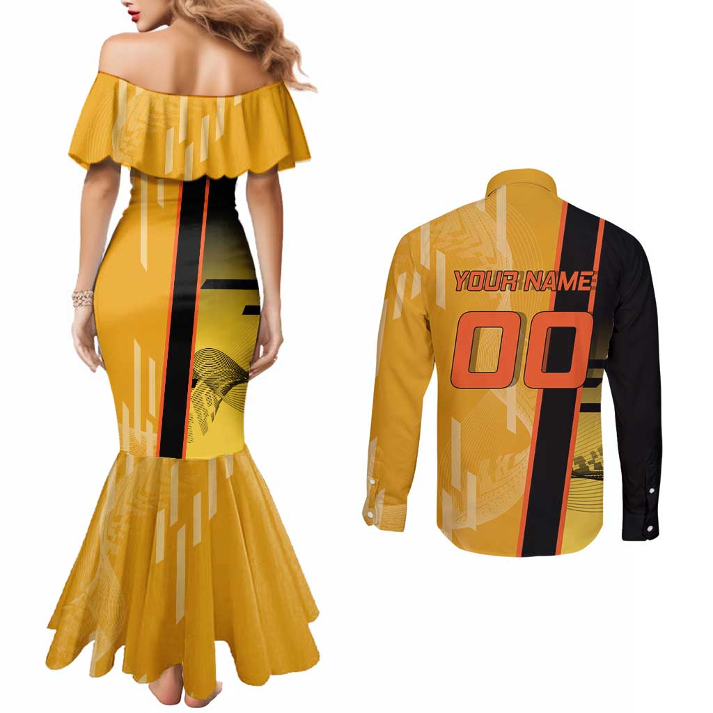 Personalized Rengoku Anime Badminton Theme Couples Matching Mermaid Dress and Long Sleeve Button Shirt with Racket Action Pose and Fiery Yellow Black Graphic Design - The Mazicc