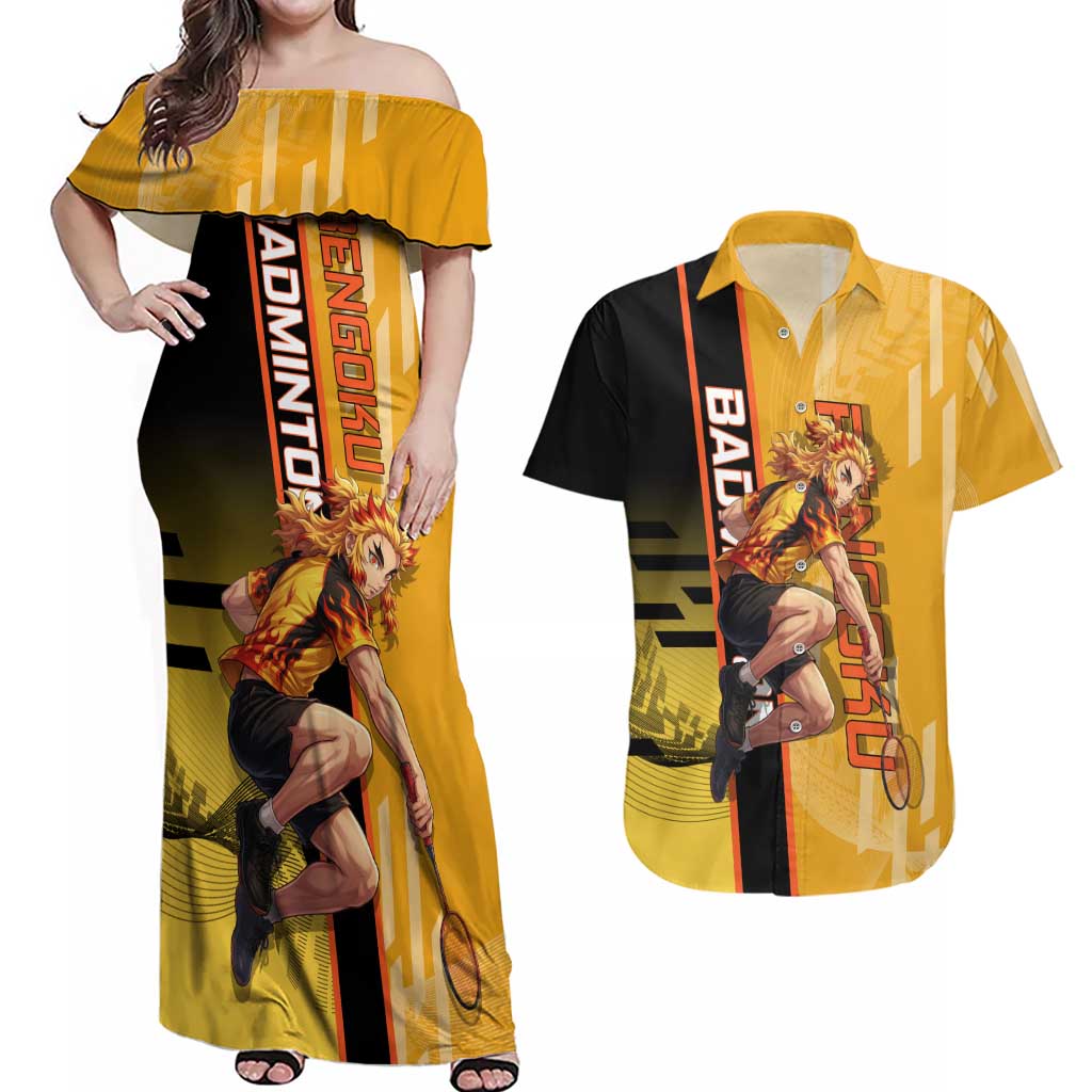 Personalized Rengoku Anime Badminton Theme Couples Matching Off Shoulder Maxi Dress and Hawaiian Shirt with Racket Action Pose and Fiery Yellow Black Graphic Design - The Mazicc