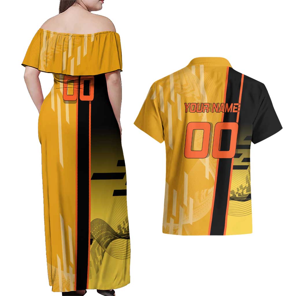 Personalized Rengoku Anime Badminton Theme Couples Matching Off Shoulder Maxi Dress and Hawaiian Shirt with Racket Action Pose and Fiery Yellow Black Graphic Design - The Mazicc