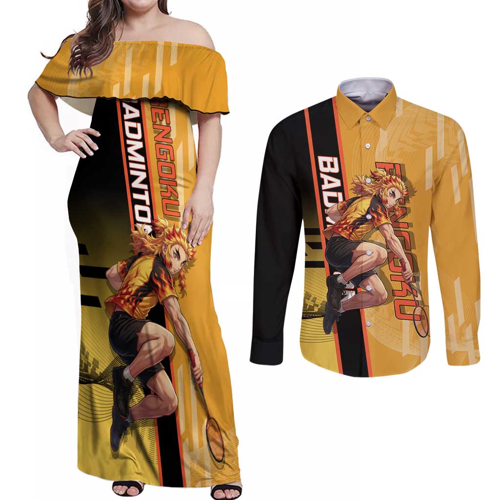 Personalized Rengoku Anime Badminton Theme Couples Matching Off Shoulder Maxi Dress and Long Sleeve Button Shirt with Racket Action Pose and Fiery Yellow Black Graphic Design - The Mazicc