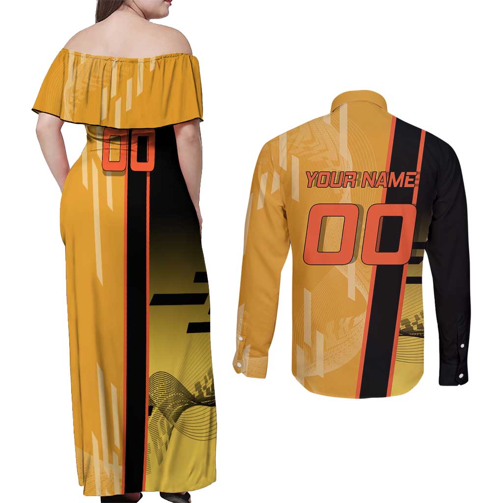 Personalized Rengoku Anime Badminton Theme Couples Matching Off Shoulder Maxi Dress and Long Sleeve Button Shirt with Racket Action Pose and Fiery Yellow Black Graphic Design - The Mazicc