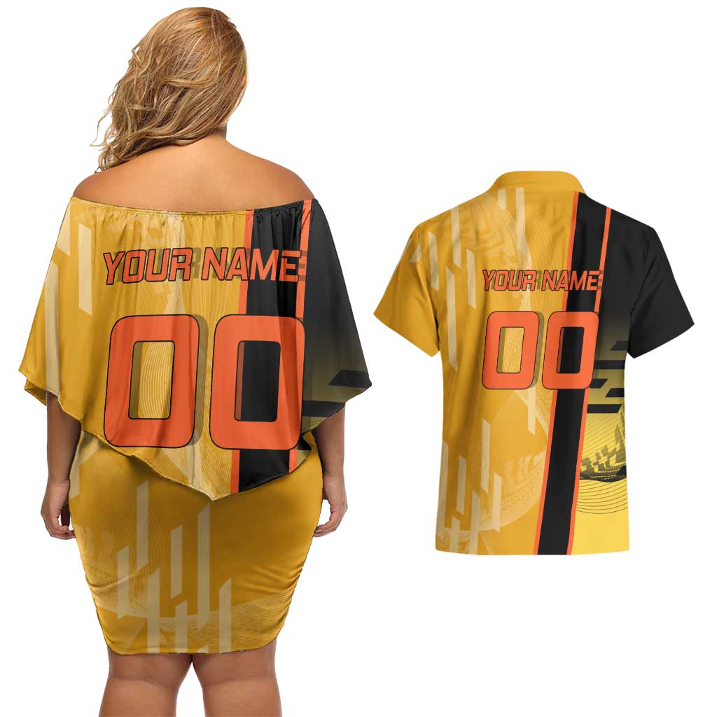 Personalized Rengoku Anime Badminton Theme Couples Matching Off Shoulder Short Dress and Hawaiian Shirt with Racket Action Pose and Fiery Yellow Black Graphic Design - The Mazicc