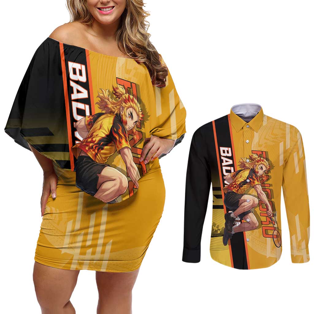 Personalized Rengoku Anime Badminton Theme Couples Matching Off Shoulder Short Dress and Long Sleeve Button Shirt with Racket Action Pose and Fiery Yellow Black Graphic Design - The Mazicc