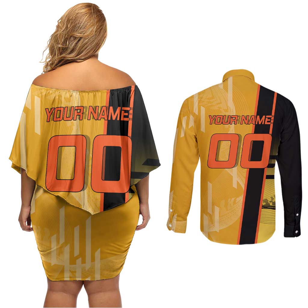 Personalized Rengoku Anime Badminton Theme Couples Matching Off Shoulder Short Dress and Long Sleeve Button Shirt with Racket Action Pose and Fiery Yellow Black Graphic Design - The Mazicc