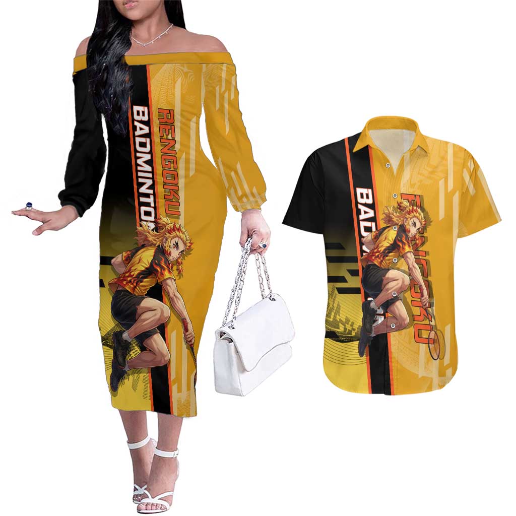 Personalized Rengoku Anime Badminton Theme Couples Matching Off The Shoulder Long Sleeve Dress and Hawaiian Shirt with Racket Action Pose and Fiery Yellow Black Graphic Design - The Mazicc
