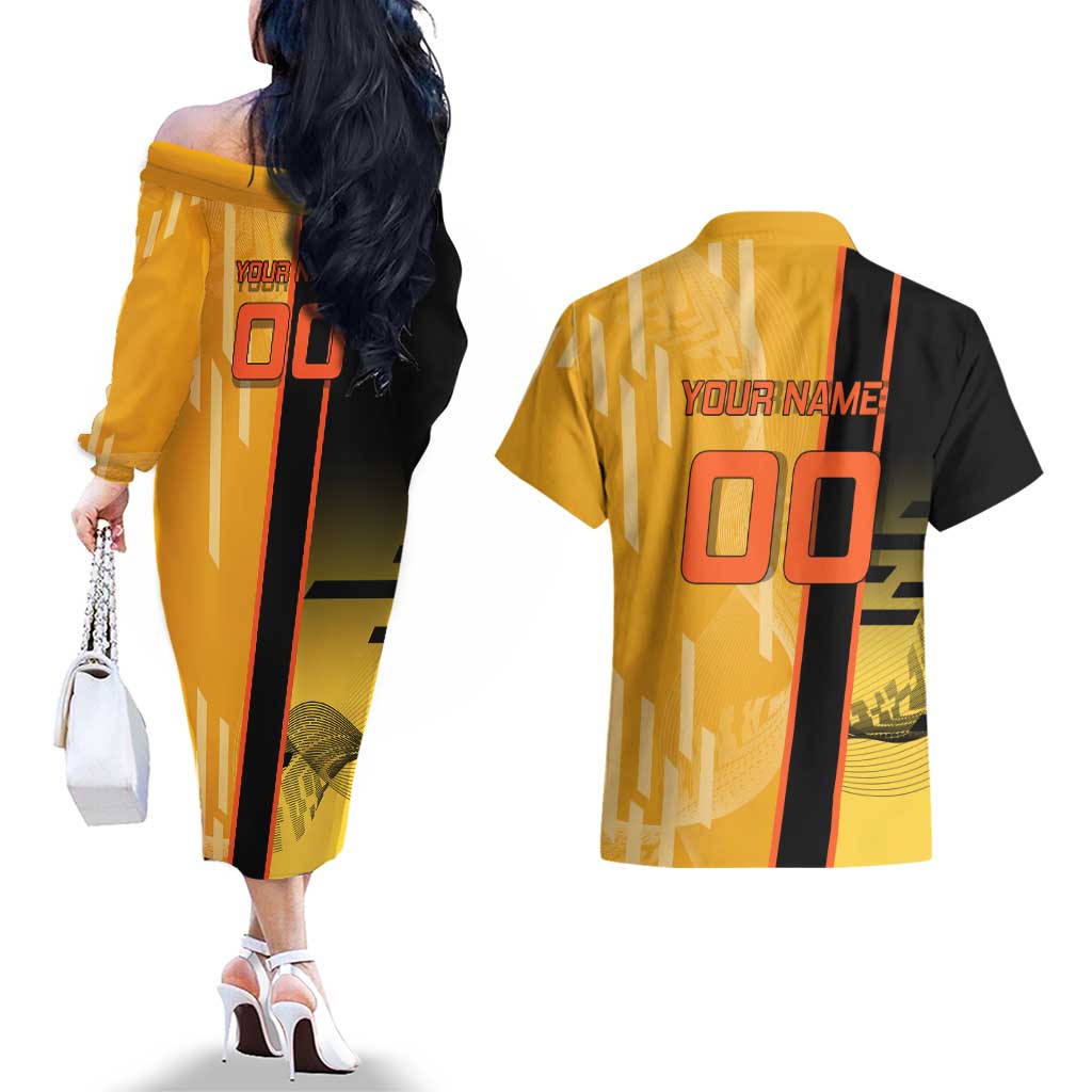 Personalized Rengoku Anime Badminton Theme Couples Matching Off The Shoulder Long Sleeve Dress and Hawaiian Shirt with Racket Action Pose and Fiery Yellow Black Graphic Design - The Mazicc