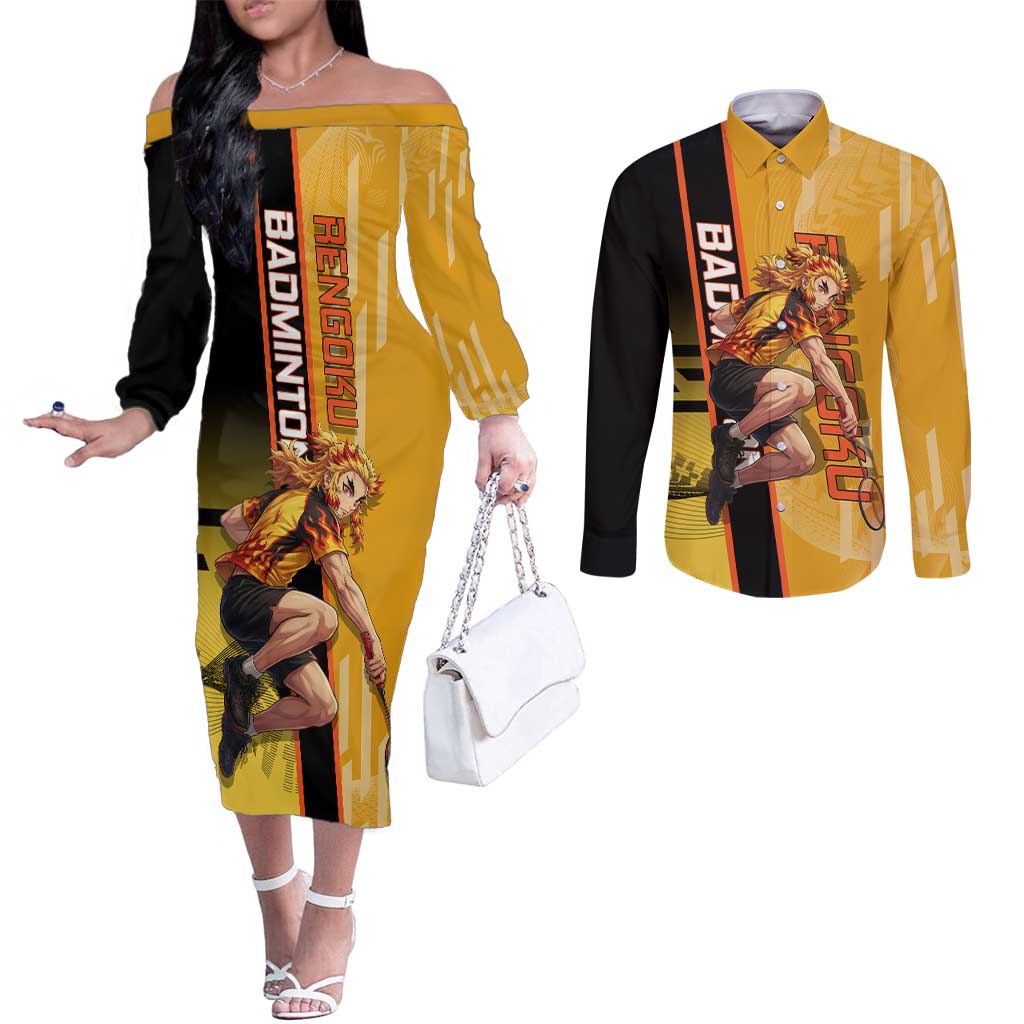 Personalized Rengoku Anime Badminton Theme Couples Matching Off The Shoulder Long Sleeve Dress and Long Sleeve Button Shirt with Racket Action Pose and Fiery Yellow Black Graphic Design - The Mazicc