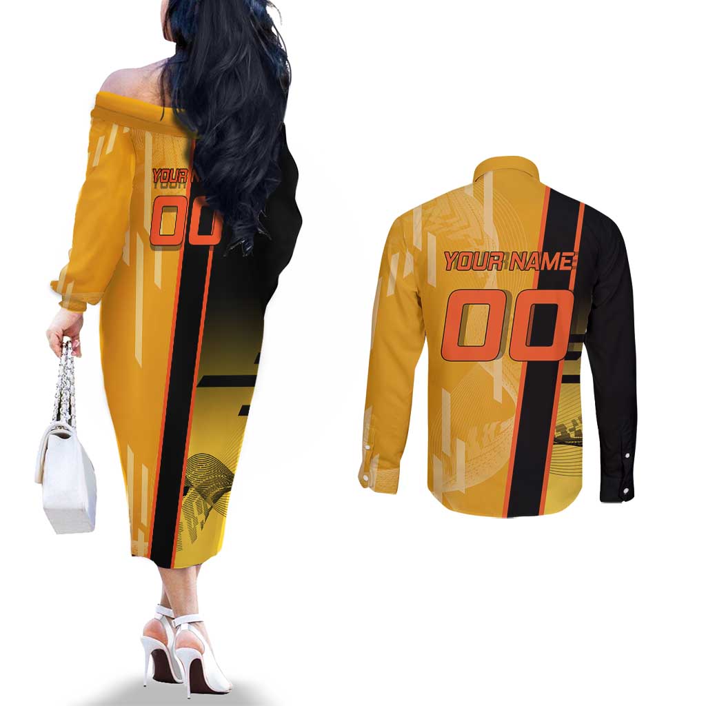 Personalized Rengoku Anime Badminton Theme Couples Matching Off The Shoulder Long Sleeve Dress and Long Sleeve Button Shirt with Racket Action Pose and Fiery Yellow Black Graphic Design - The Mazicc