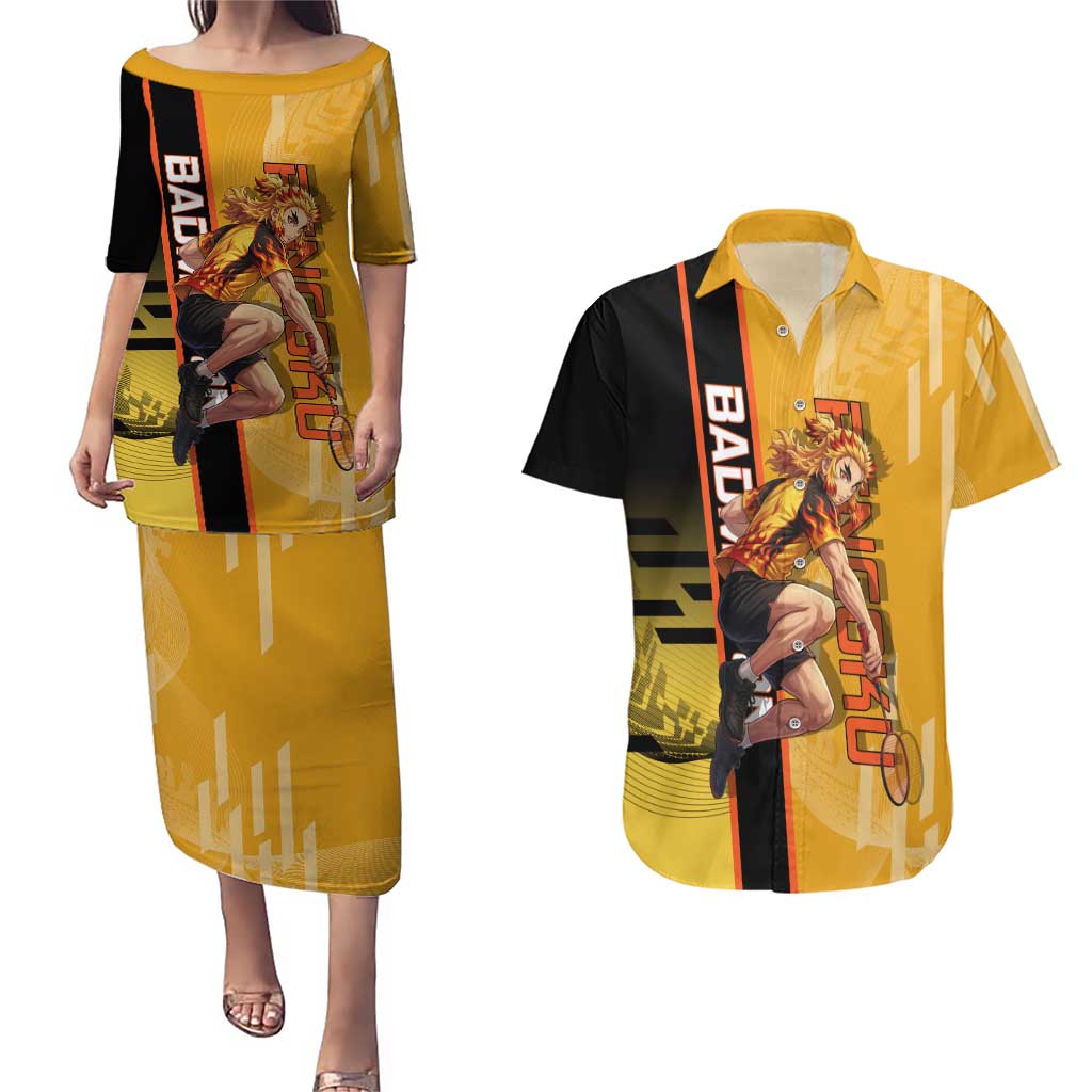 Personalized Rengoku Anime Badminton Theme Couples Matching Puletasi and Hawaiian Shirt with Racket Action Pose and Fiery Yellow Black Graphic Design - The Mazicc