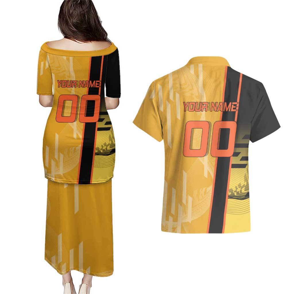 Personalized Rengoku Anime Badminton Theme Couples Matching Puletasi and Hawaiian Shirt with Racket Action Pose and Fiery Yellow Black Graphic Design - The Mazicc