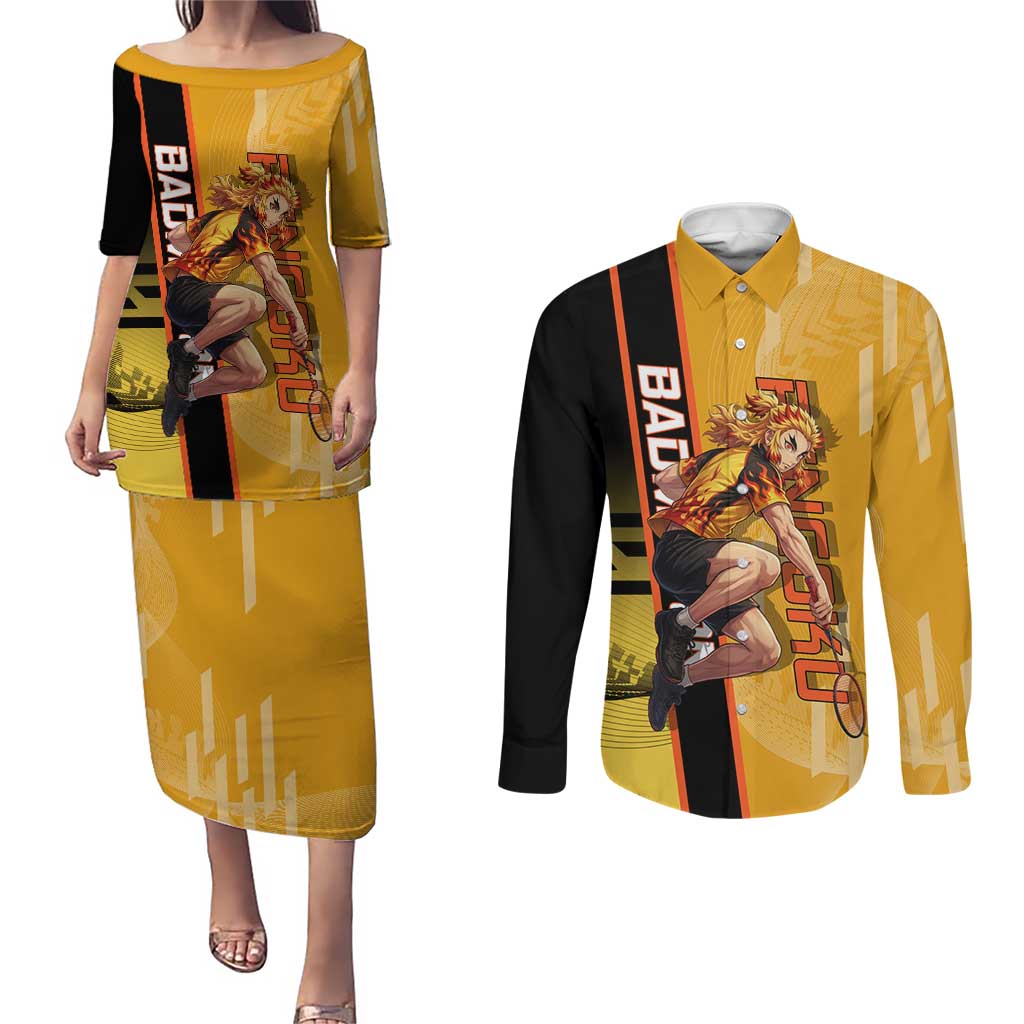 Personalized Rengoku Anime Badminton Theme Couples Matching Puletasi and Long Sleeve Button Shirt with Racket Action Pose and Fiery Yellow Black Graphic Design - The Mazicc