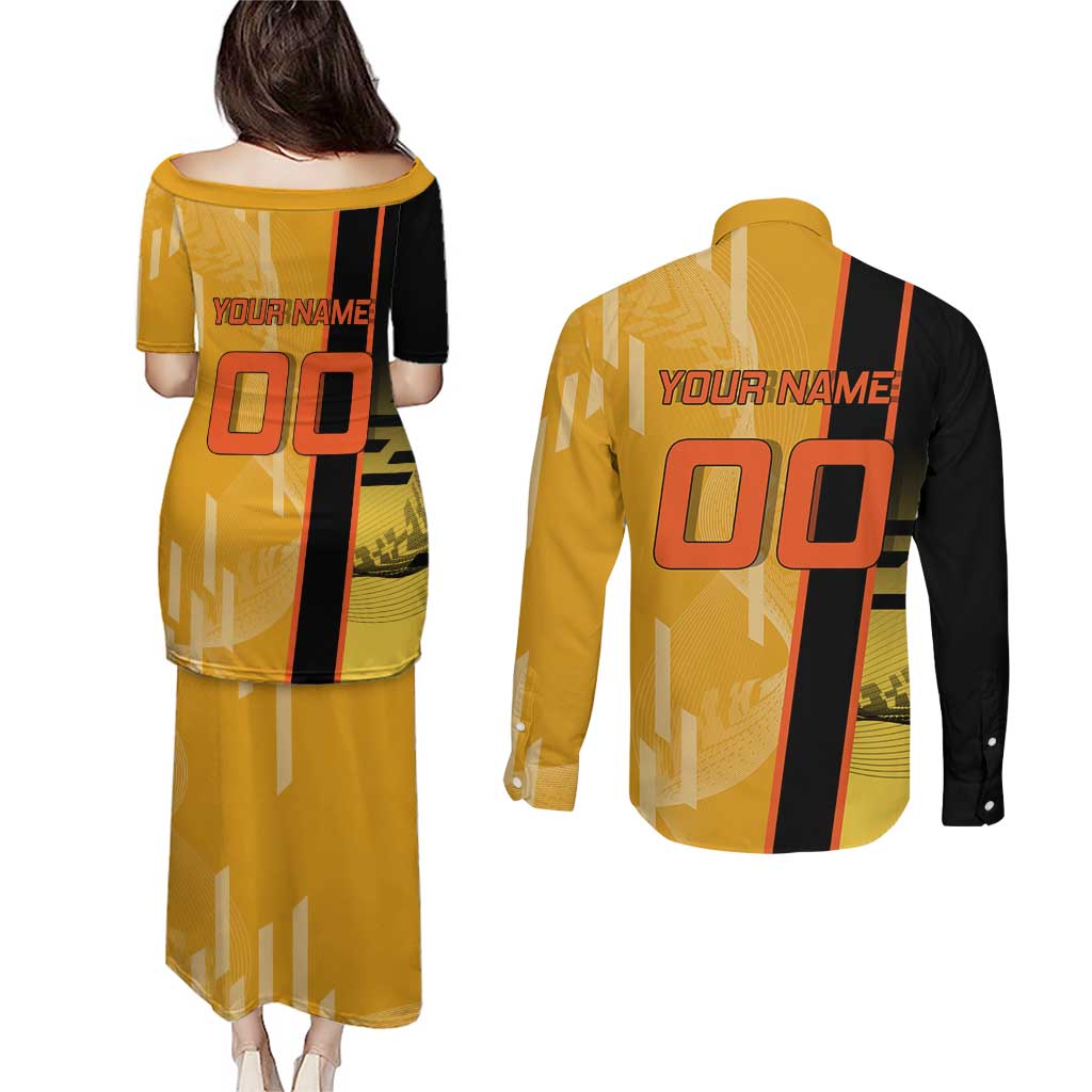 Personalized Rengoku Anime Badminton Theme Couples Matching Puletasi and Long Sleeve Button Shirt with Racket Action Pose and Fiery Yellow Black Graphic Design - The Mazicc