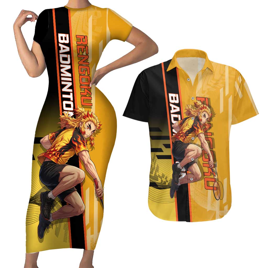 Personalized Rengoku Anime Badminton Theme Couples Matching Short Sleeve Bodycon Dress and Hawaiian Shirt with Racket Action Pose and Fiery Yellow Black Graphic Design - The Mazicc
