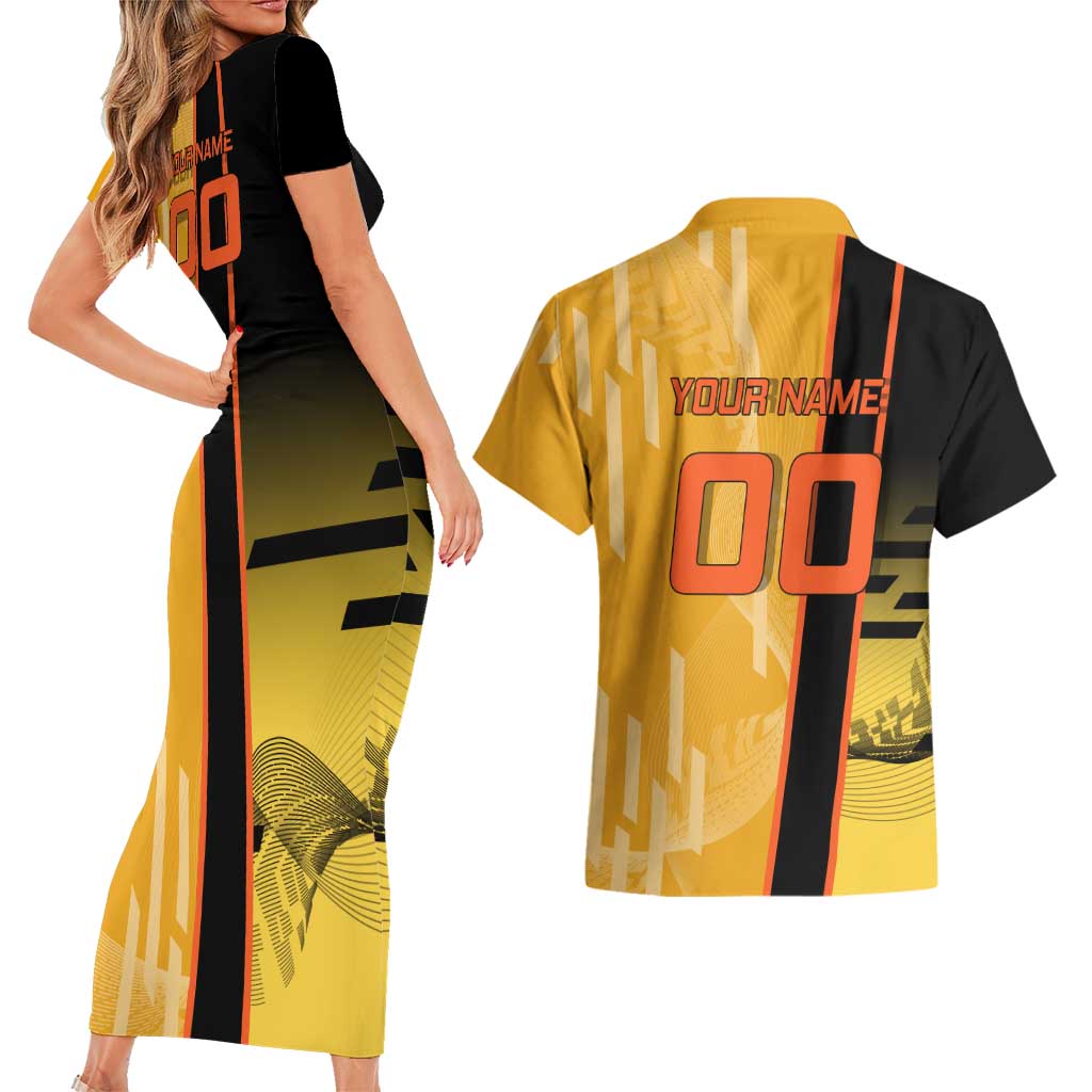 Personalized Rengoku Anime Badminton Theme Couples Matching Short Sleeve Bodycon Dress and Hawaiian Shirt with Racket Action Pose and Fiery Yellow Black Graphic Design - The Mazicc