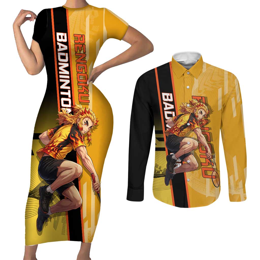 Personalized Rengoku Anime Badminton Theme Couples Matching Short Sleeve Bodycon Dress and Long Sleeve Button Shirt with Racket Action Pose and Fiery Yellow Black Graphic Design - The Mazicc