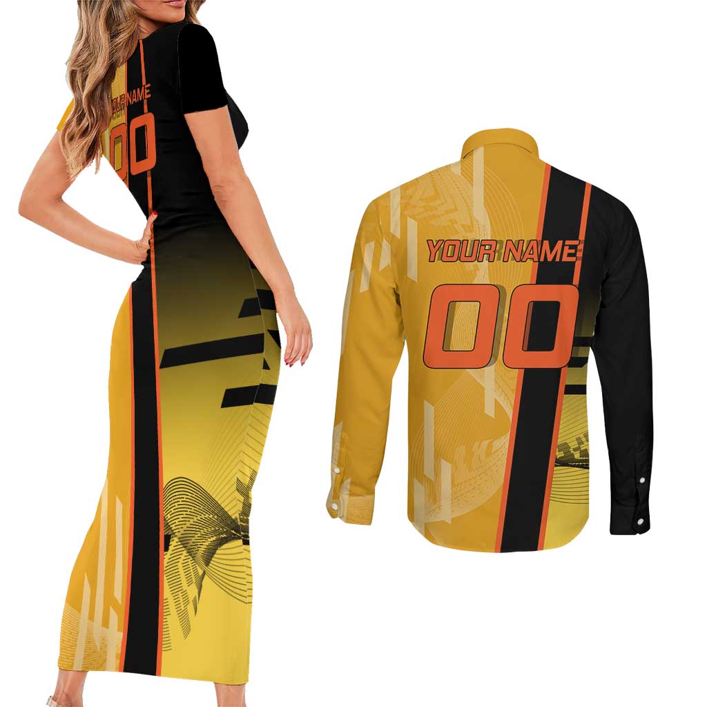 Personalized Rengoku Anime Badminton Theme Couples Matching Short Sleeve Bodycon Dress and Long Sleeve Button Shirt with Racket Action Pose and Fiery Yellow Black Graphic Design - The Mazicc