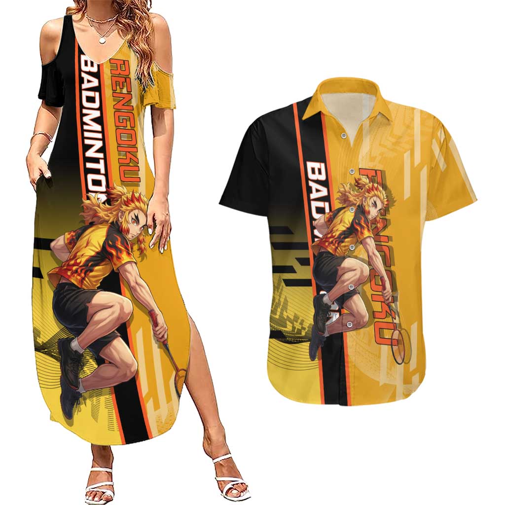 Personalized Rengoku Anime Badminton Theme Couples Matching Summer Maxi Dress and Hawaiian Shirt with Racket Action Pose and Fiery Yellow Black Graphic Design - The Mazicc
