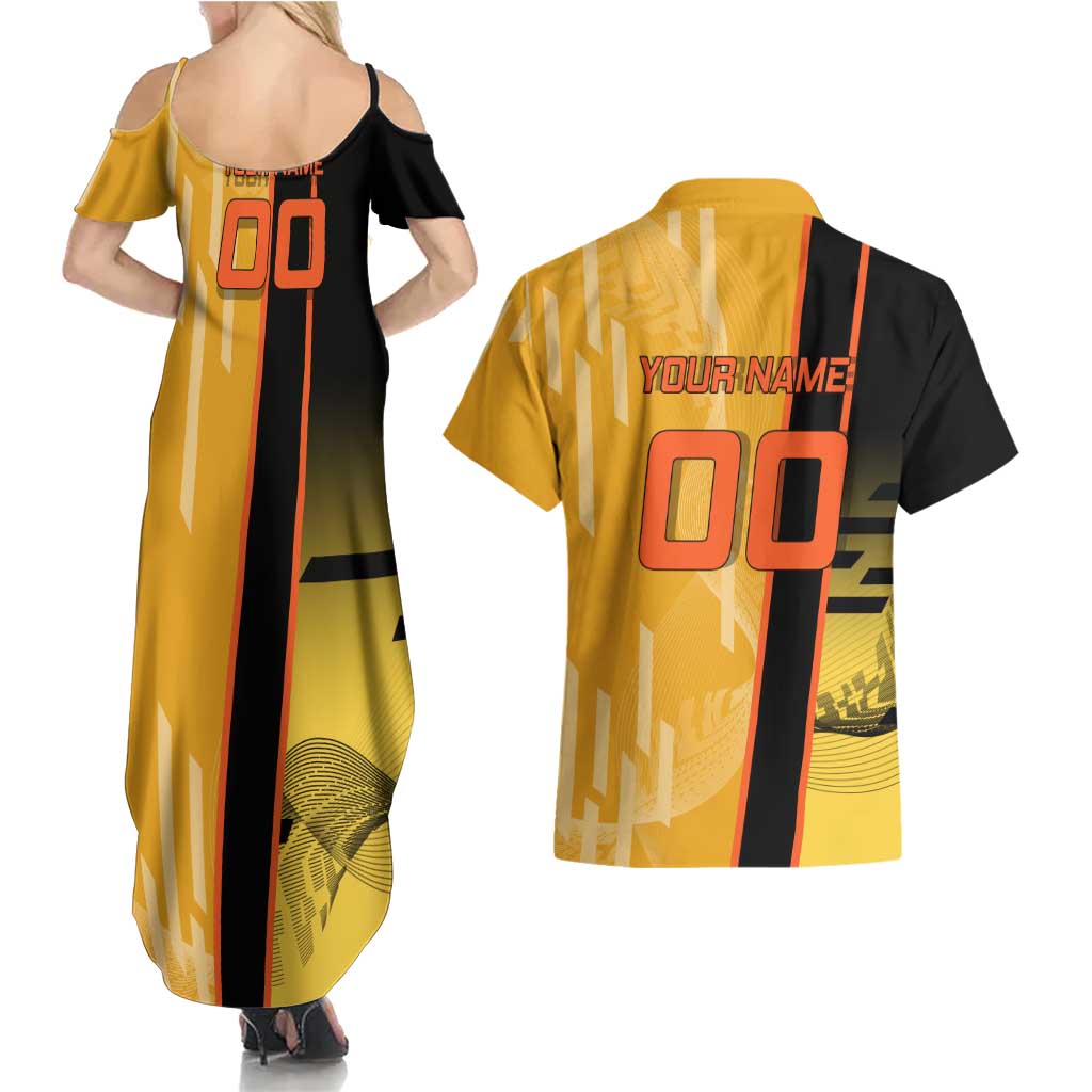Personalized Rengoku Anime Badminton Theme Couples Matching Summer Maxi Dress and Hawaiian Shirt with Racket Action Pose and Fiery Yellow Black Graphic Design - The Mazicc
