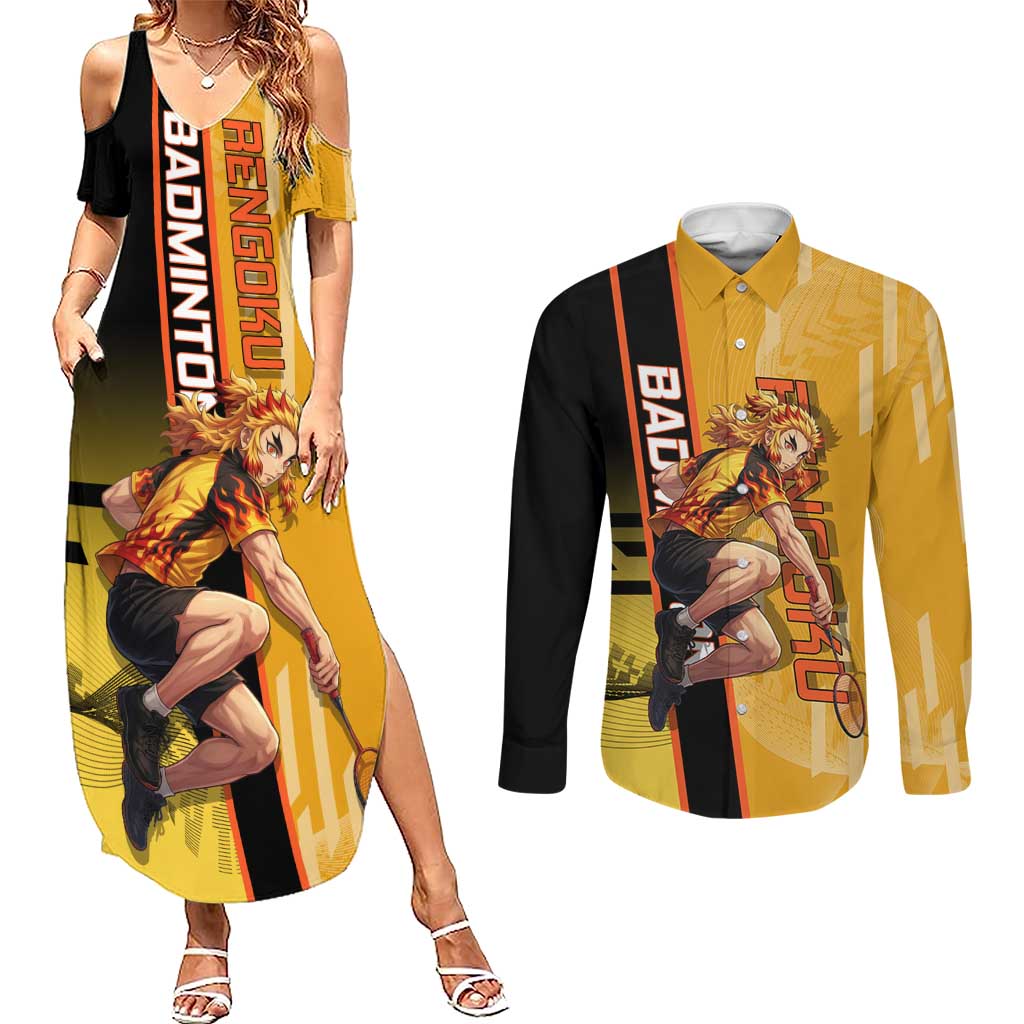 Personalized Rengoku Anime Badminton Theme Couples Matching Summer Maxi Dress and Long Sleeve Button Shirt with Racket Action Pose and Fiery Yellow Black Graphic Design - The Mazicc