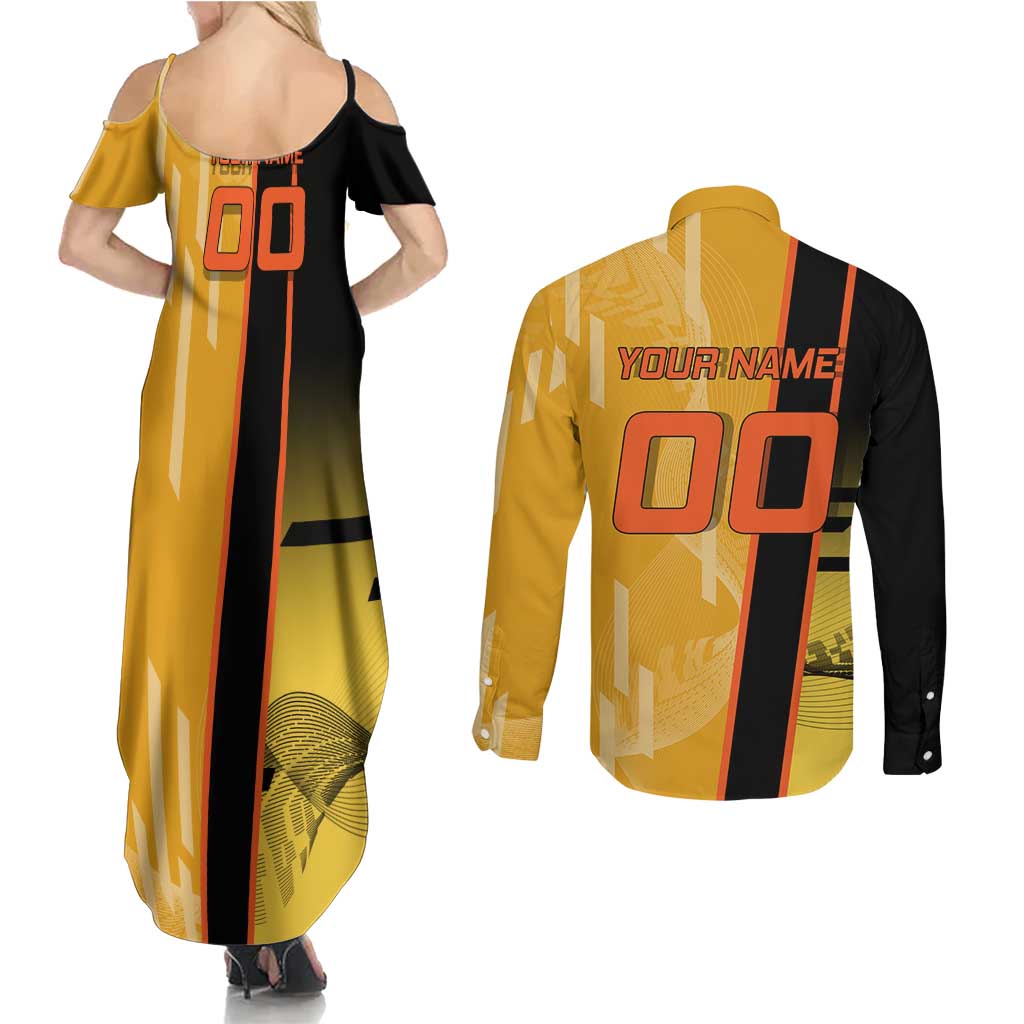 Personalized Rengoku Anime Badminton Theme Couples Matching Summer Maxi Dress and Long Sleeve Button Shirt with Racket Action Pose and Fiery Yellow Black Graphic Design - The Mazicc