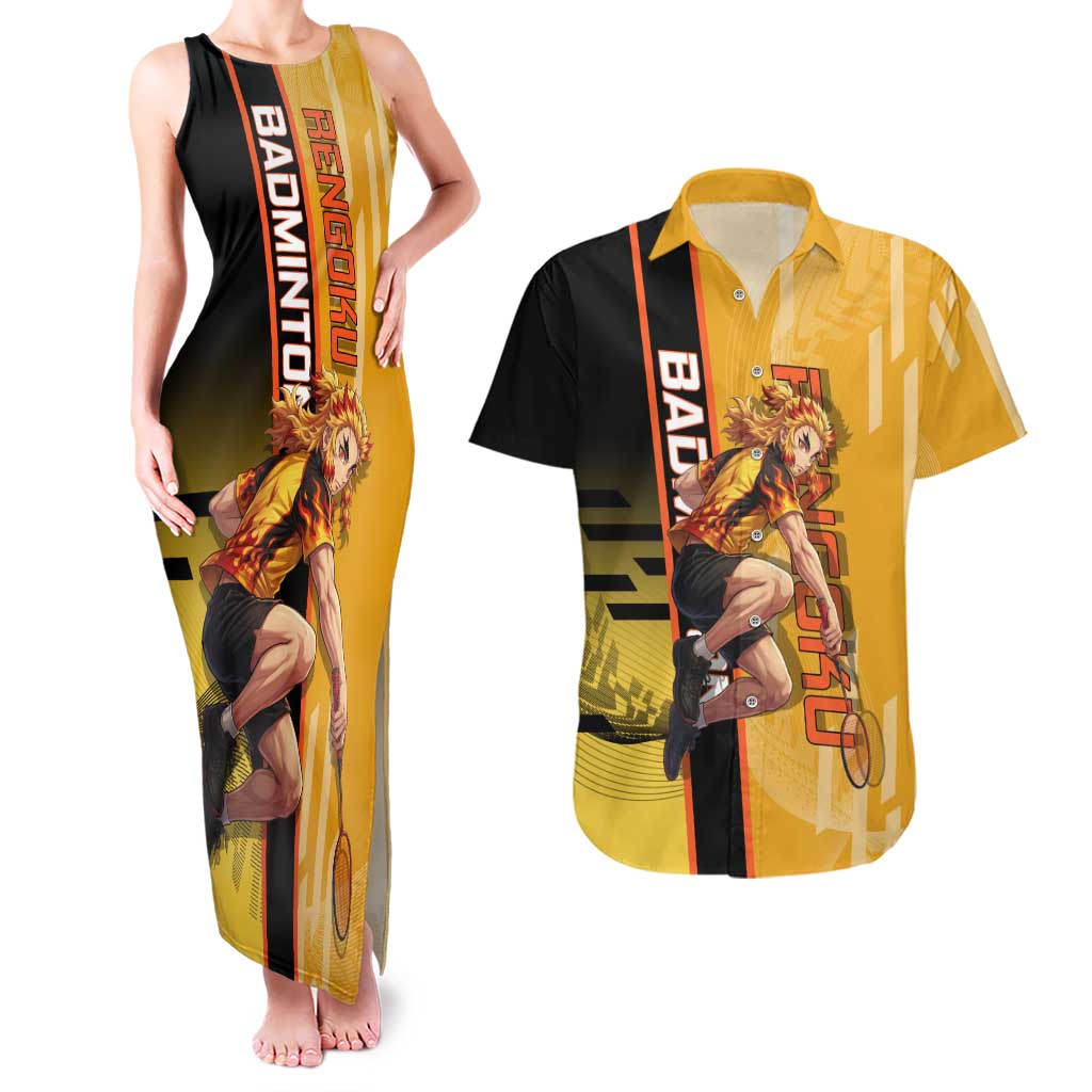Personalized Rengoku Anime Badminton Theme Couples Matching Tank Maxi Dress and Hawaiian Shirt with Racket Action Pose and Fiery Yellow Black Graphic Design - The Mazicc