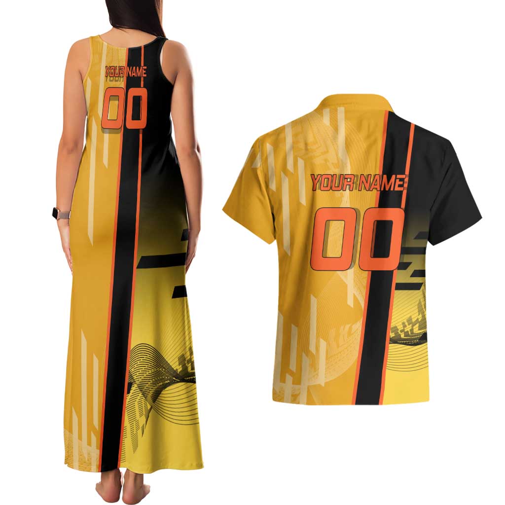 Personalized Rengoku Anime Badminton Theme Couples Matching Tank Maxi Dress and Hawaiian Shirt with Racket Action Pose and Fiery Yellow Black Graphic Design - The Mazicc