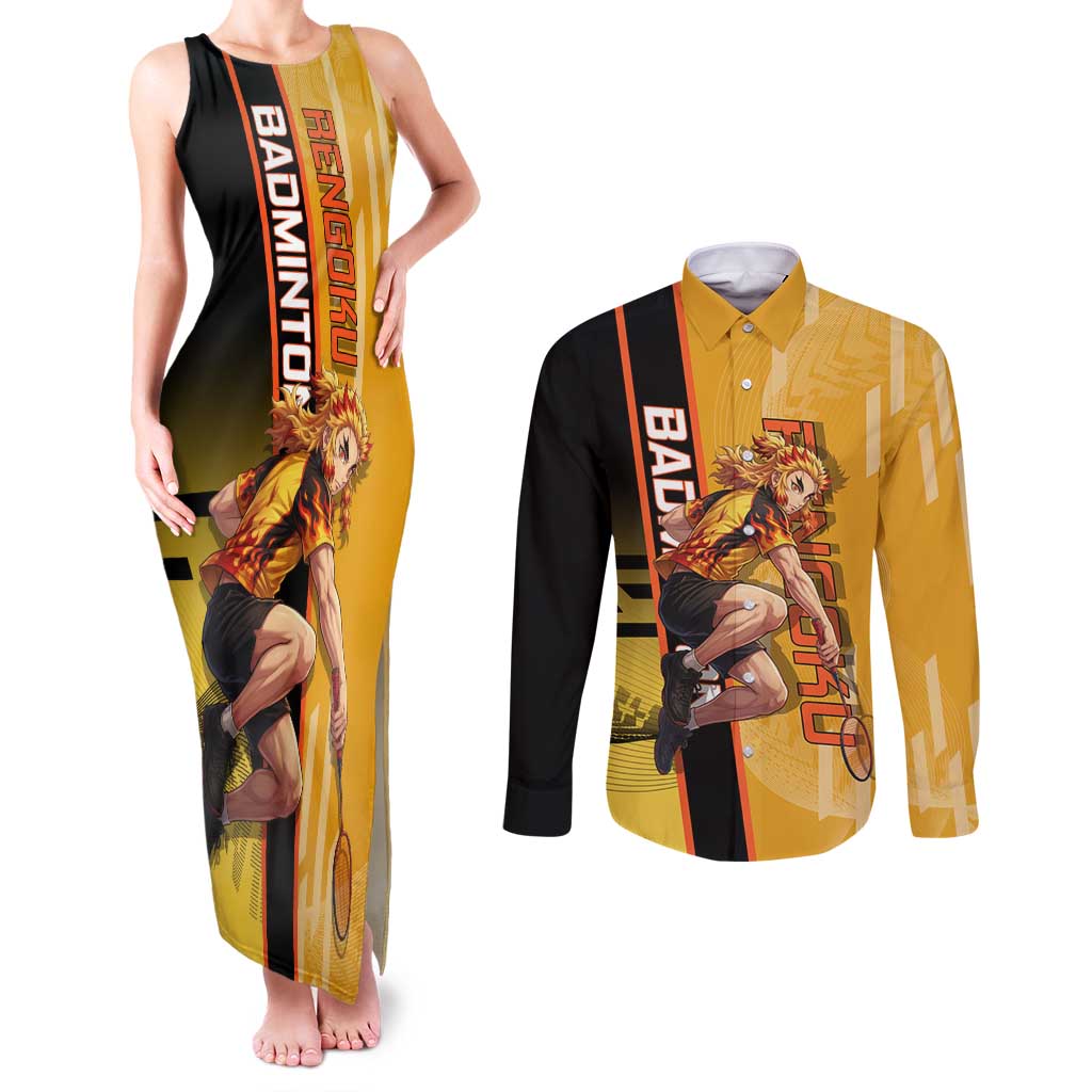 Personalized Rengoku Anime Badminton Theme Couples Matching Tank Maxi Dress and Long Sleeve Button Shirt with Racket Action Pose and Fiery Yellow Black Graphic Design - The Mazicc