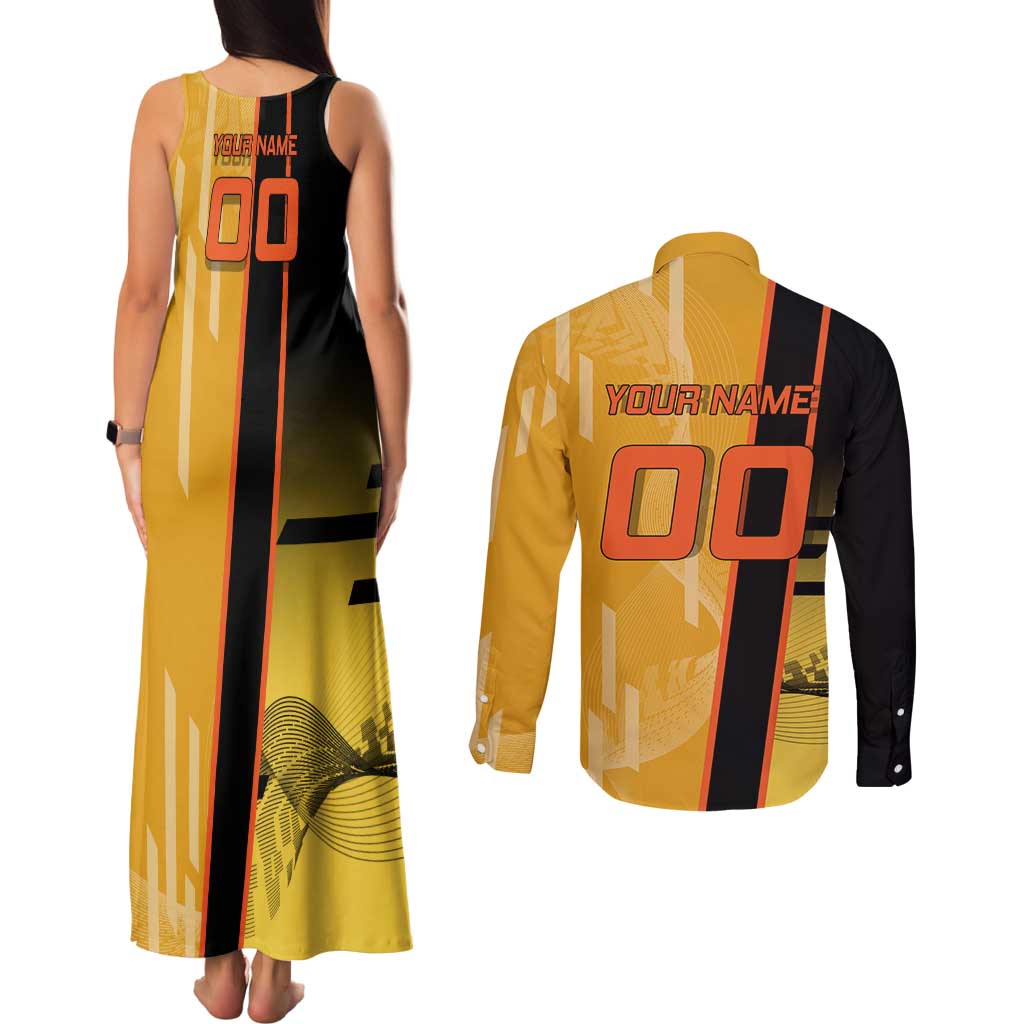 Personalized Rengoku Anime Badminton Theme Couples Matching Tank Maxi Dress and Long Sleeve Button Shirt with Racket Action Pose and Fiery Yellow Black Graphic Design - The Mazicc