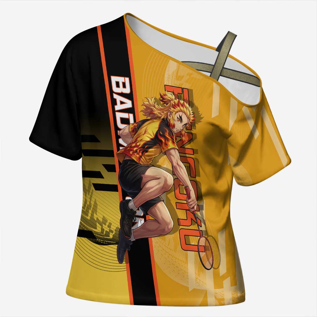 Personalized Rengoku Anime Badminton Theme Cross Shoulder Shirt with Racket Action Pose and Fiery Yellow Black Graphic Design - The Mazicc