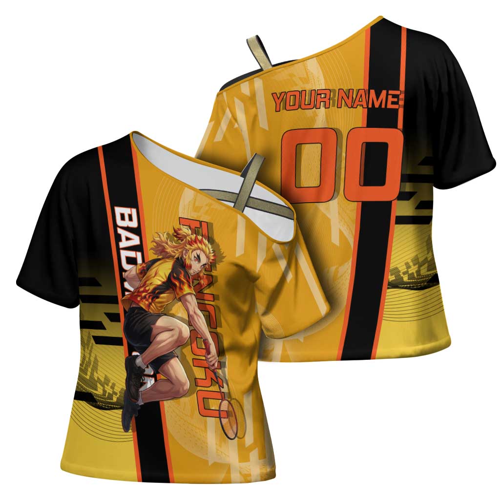 Personalized Rengoku Anime Badminton Theme Cross Shoulder Shirt with Racket Action Pose and Fiery Yellow Black Graphic Design - The Mazicc