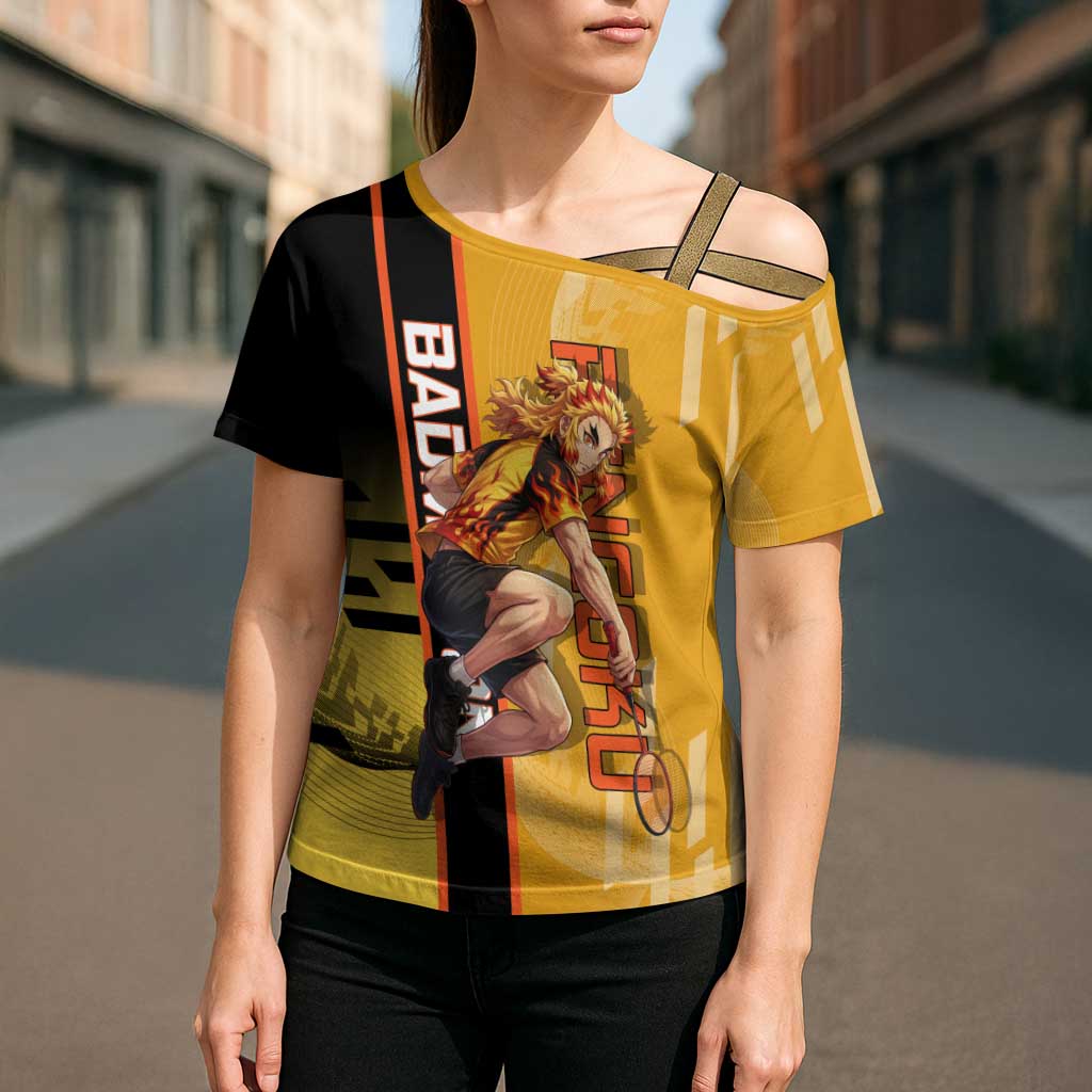 Personalized Rengoku Anime Badminton Theme Cross Shoulder Shirt with Racket Action Pose and Fiery Yellow Black Graphic Design - The Mazicc