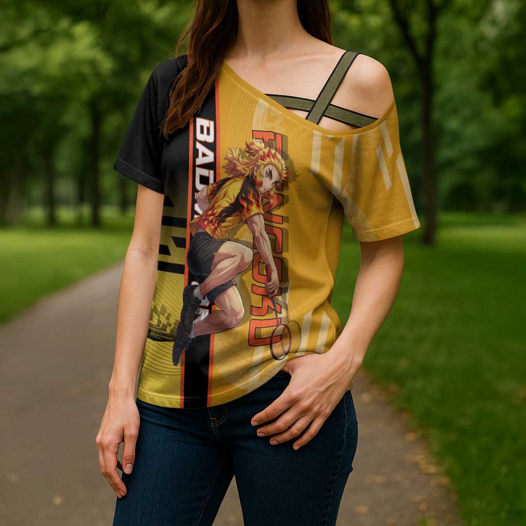 Personalized Rengoku Anime Badminton Theme Cross Shoulder Shirt with Racket Action Pose and Fiery Yellow Black Graphic Design - The Mazicc