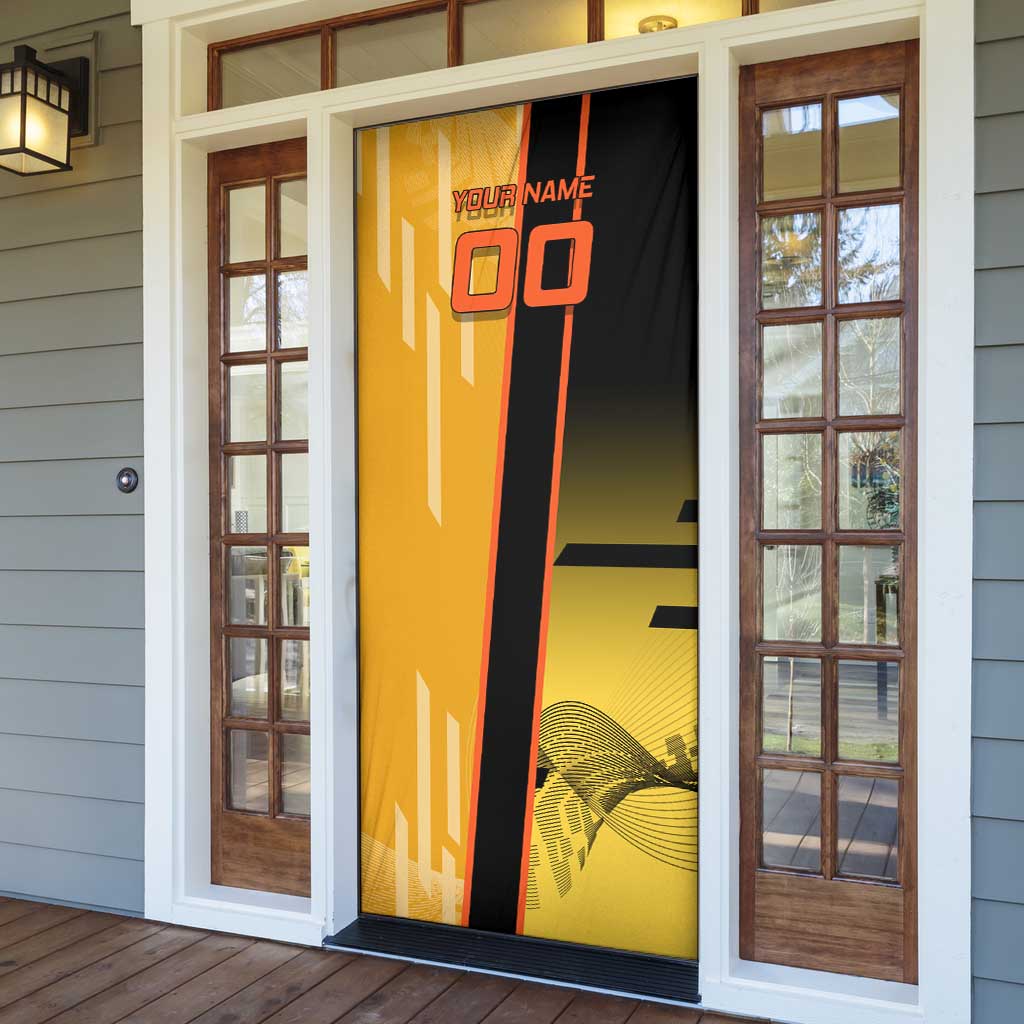 Personalized Rengoku Anime Badminton Theme Door Cover with Racket Action Pose and Fiery Yellow Black Graphic Design - The Mazicc