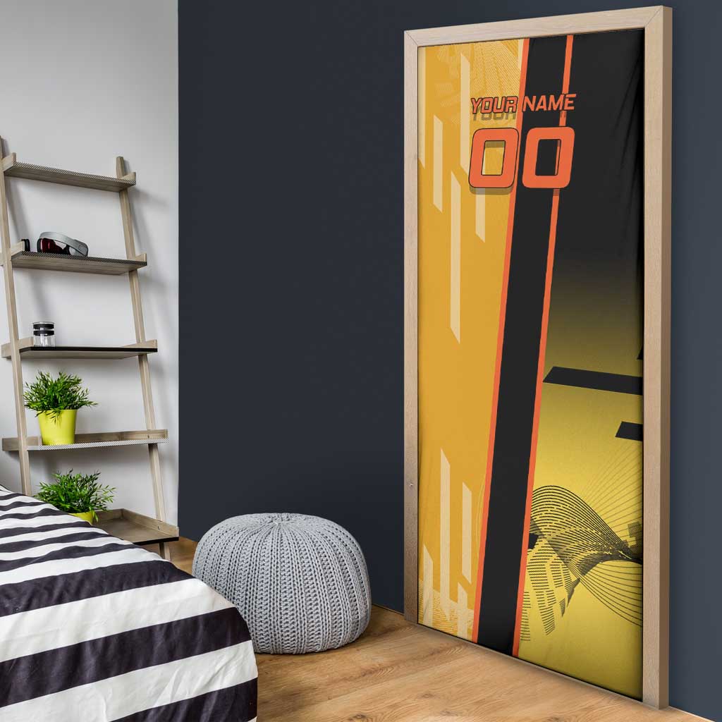 Personalized Rengoku Anime Badminton Theme Door Cover with Racket Action Pose and Fiery Yellow Black Graphic Design - The Mazicc