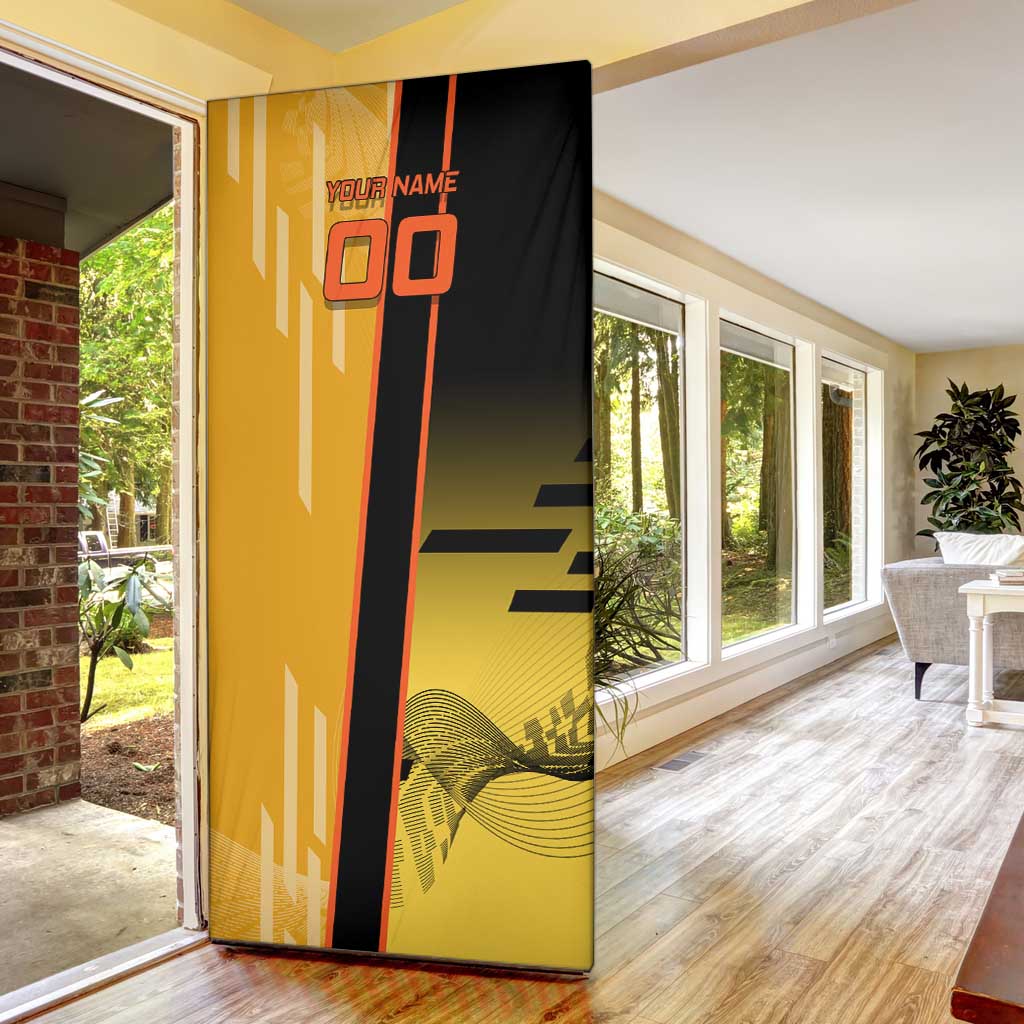 Personalized Rengoku Anime Badminton Theme Door Cover with Racket Action Pose and Fiery Yellow Black Graphic Design - The Mazicc