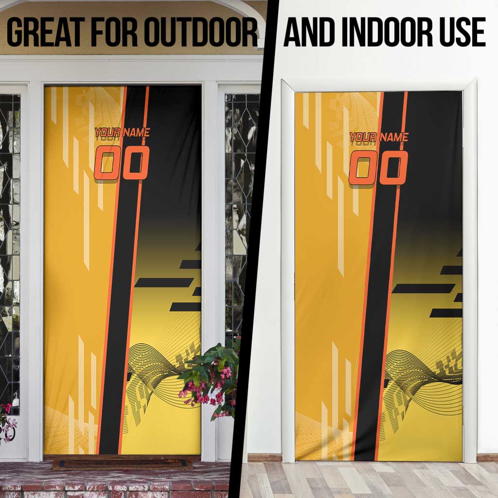 Personalized Rengoku Anime Badminton Theme Door Cover with Racket Action Pose and Fiery Yellow Black Graphic Design - The Mazicc