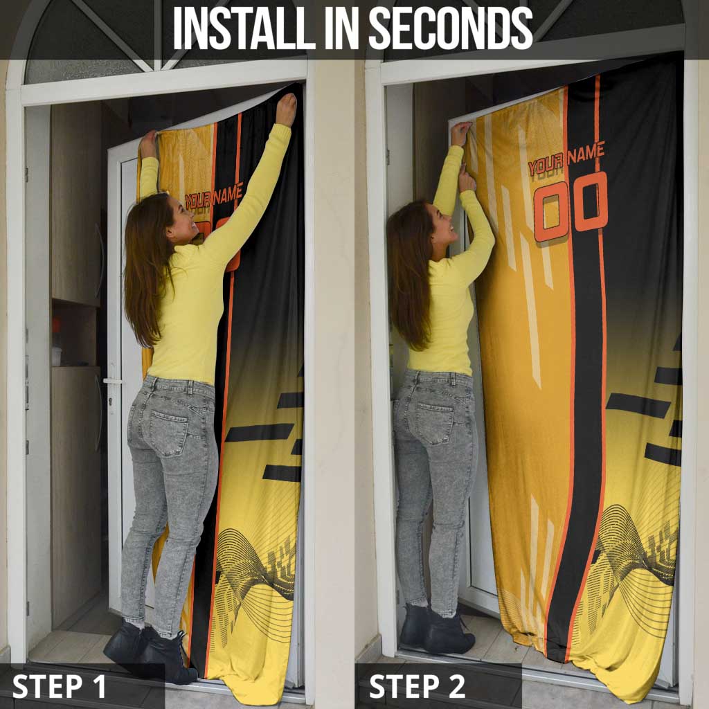 Personalized Rengoku Anime Badminton Theme Door Cover with Racket Action Pose and Fiery Yellow Black Graphic Design - The Mazicc