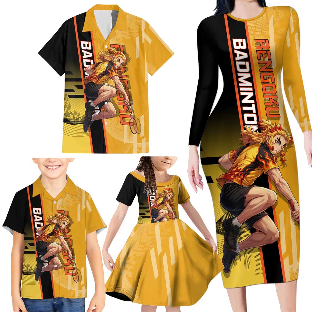 Personalized Rengoku Anime Badminton Theme Family Matching Long Sleeve Bodycon Dress and Hawaiian Shirt with Racket Action Pose and Fiery Yellow Black Graphic Design