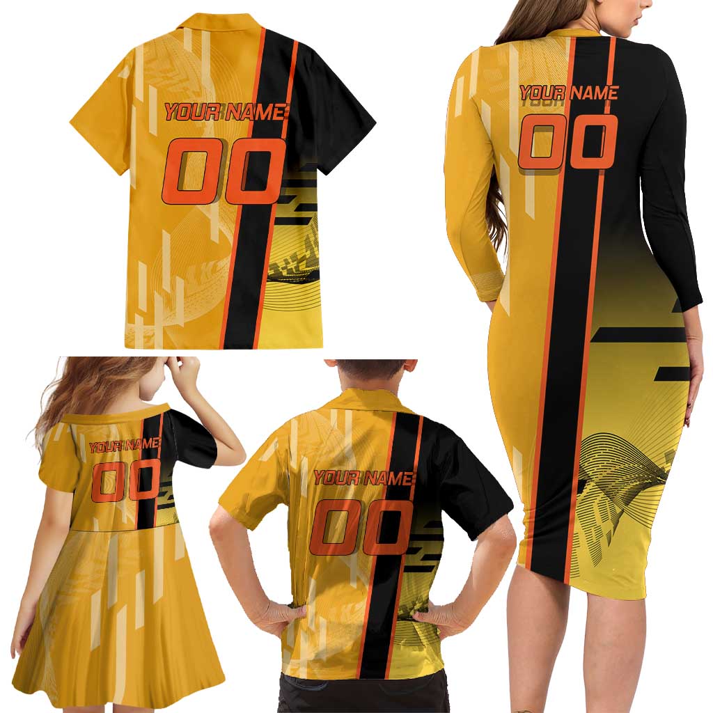 Personalized Rengoku Anime Badminton Theme Family Matching Long Sleeve Bodycon Dress and Hawaiian Shirt with Racket Action Pose and Fiery Yellow Black Graphic Design