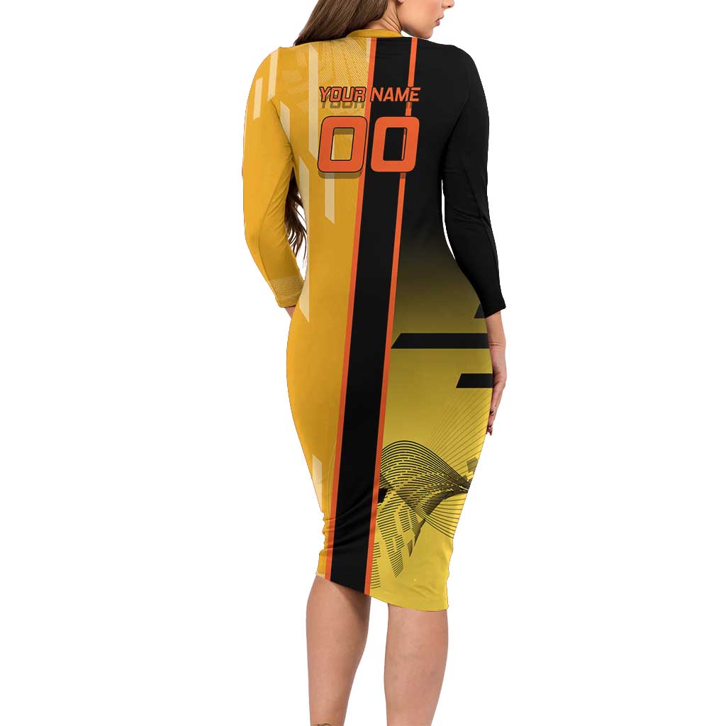 Personalized Rengoku Anime Badminton Theme Family Matching Long Sleeve Bodycon Dress and Hawaiian Shirt with Racket Action Pose and Fiery Yellow Black Graphic Design