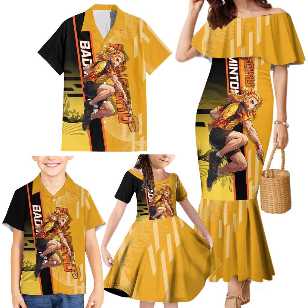 Personalized Rengoku Anime Badminton Theme Family Matching Mermaid Dress and Hawaiian Shirt with Racket Action Pose and Fiery Yellow Black Graphic Design