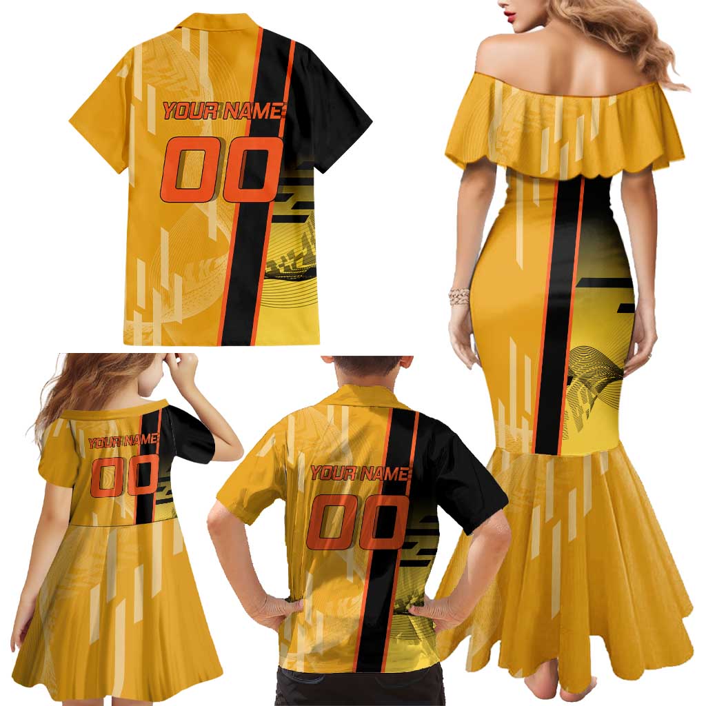 Personalized Rengoku Anime Badminton Theme Family Matching Mermaid Dress and Hawaiian Shirt with Racket Action Pose and Fiery Yellow Black Graphic Design