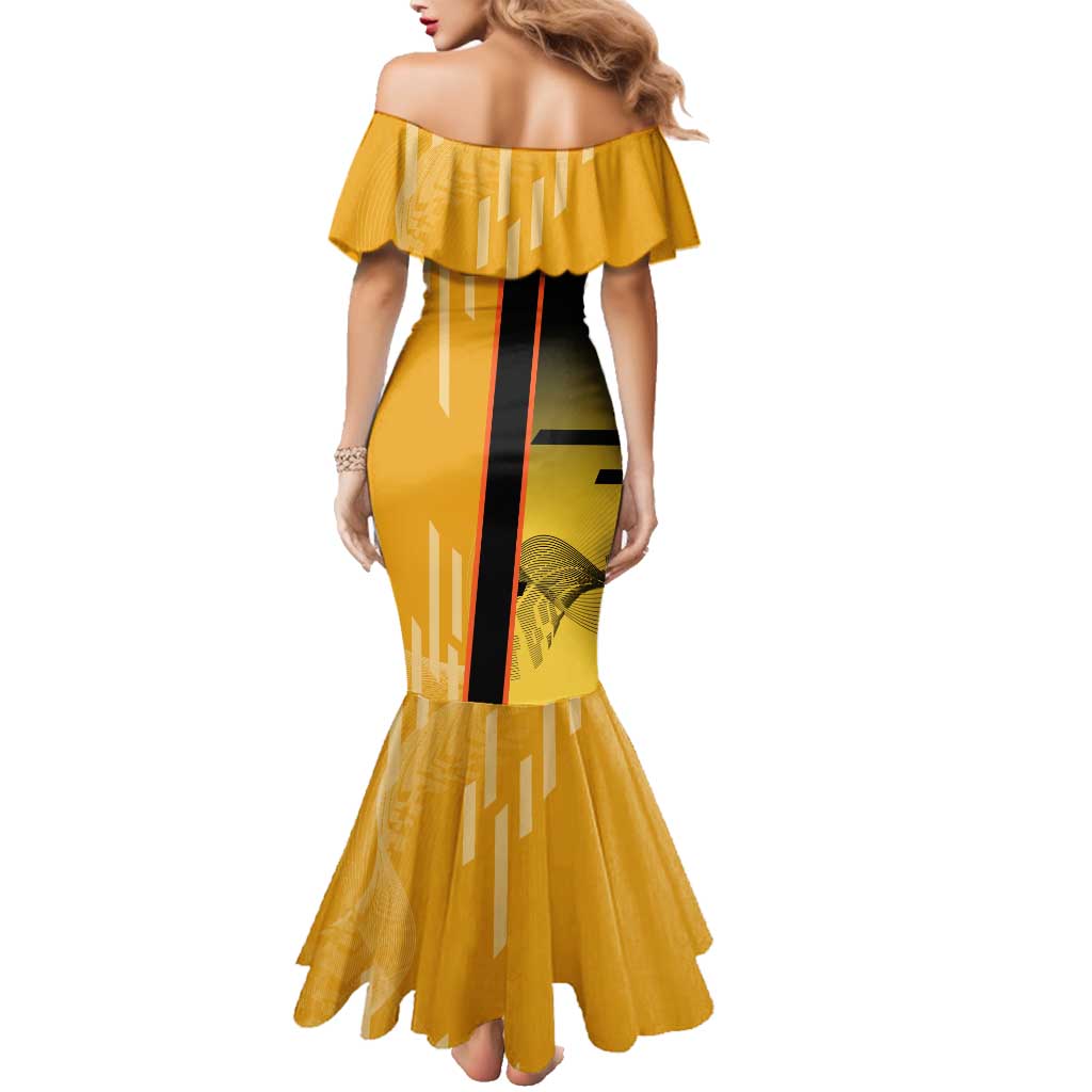 Personalized Rengoku Anime Badminton Theme Family Matching Mermaid Dress and Hawaiian Shirt with Racket Action Pose and Fiery Yellow Black Graphic Design