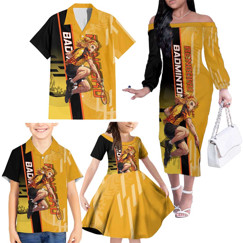 Personalized Rengoku Anime Badminton Theme Family Matching Off The Shoulder Long Sleeve Dress and Hawaiian Shirt with Racket Action Pose and Fiery Yellow Black Graphic Design