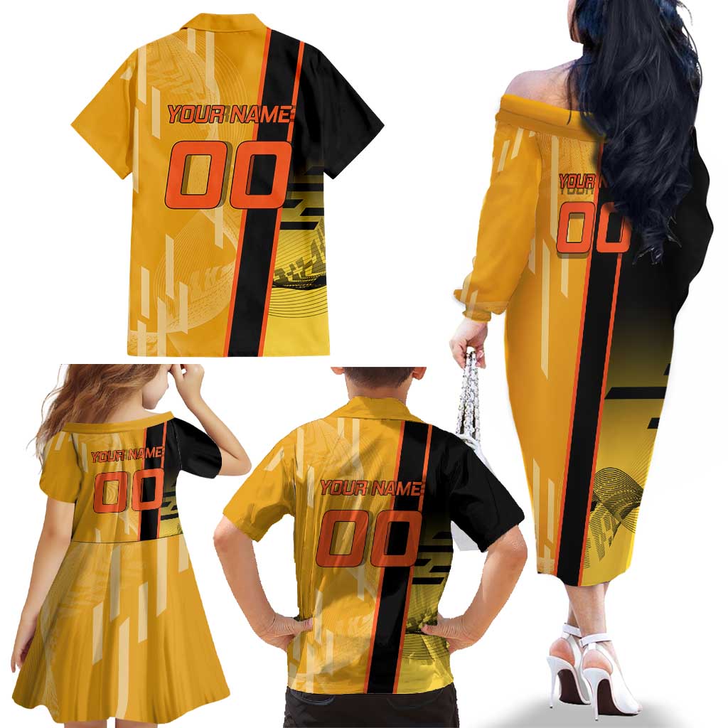 Personalized Rengoku Anime Badminton Theme Family Matching Off The Shoulder Long Sleeve Dress and Hawaiian Shirt with Racket Action Pose and Fiery Yellow Black Graphic Design